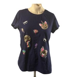 Justice Black Tee with Gold Print and Colorful Patch Accents